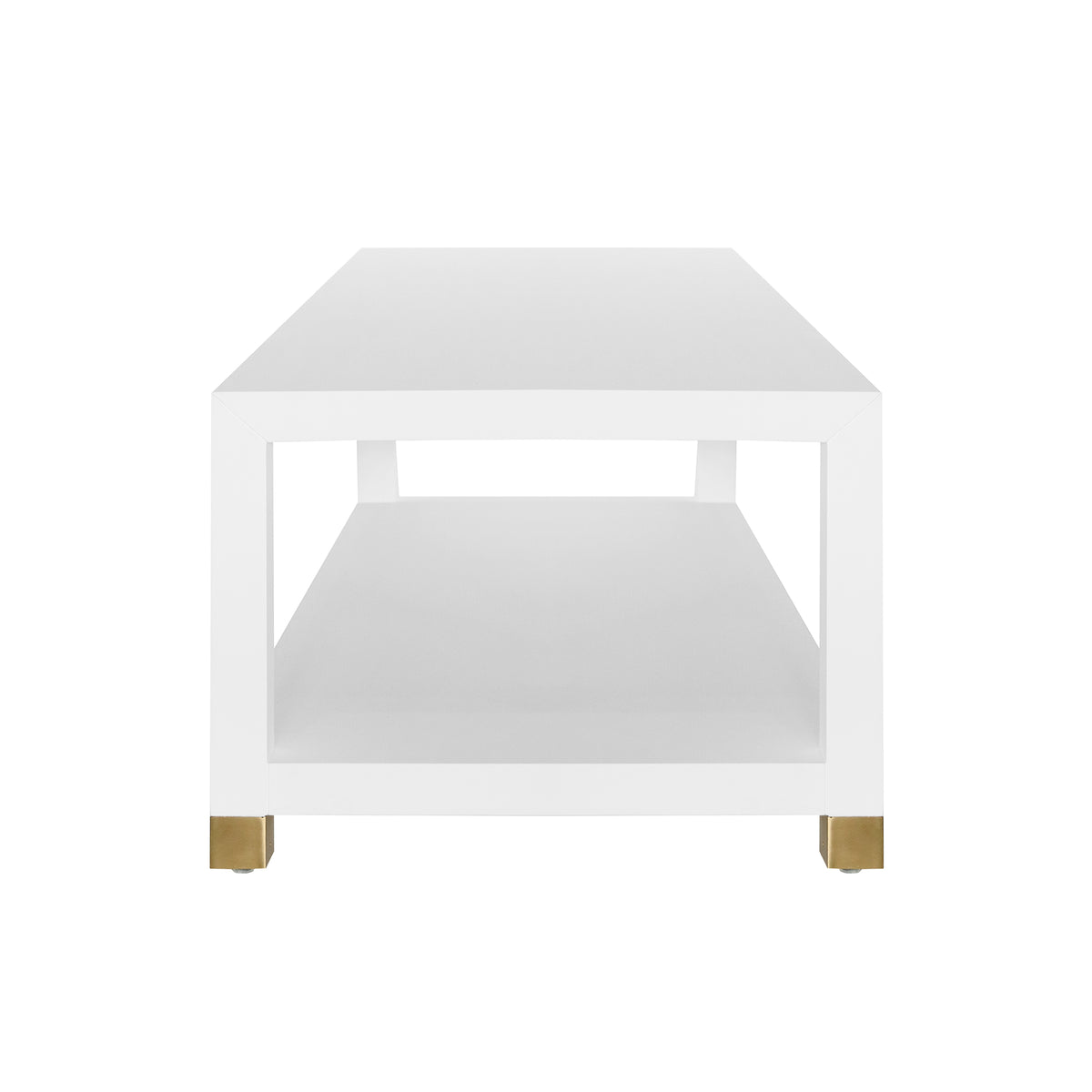 Coffee Table with Antique Brass Foot Caps in Matte White Lacquer