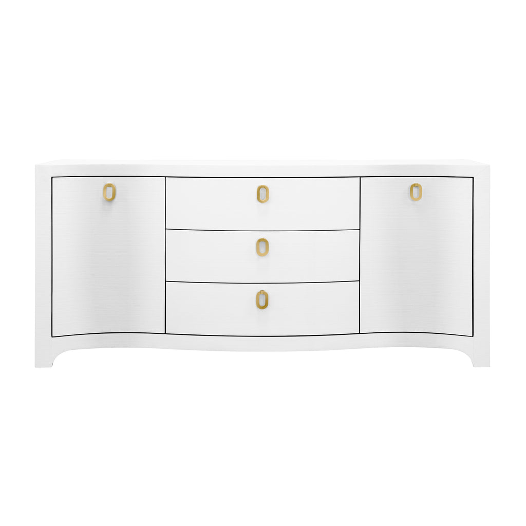 Curved Front Two Door Three Drawer Buffet in Textured White Linen with Satin Brass Ring Hardware