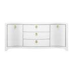 Curved Front Two Door Three Drawer Buffet in Textured White Linen with Satin Brass Ring Hardware