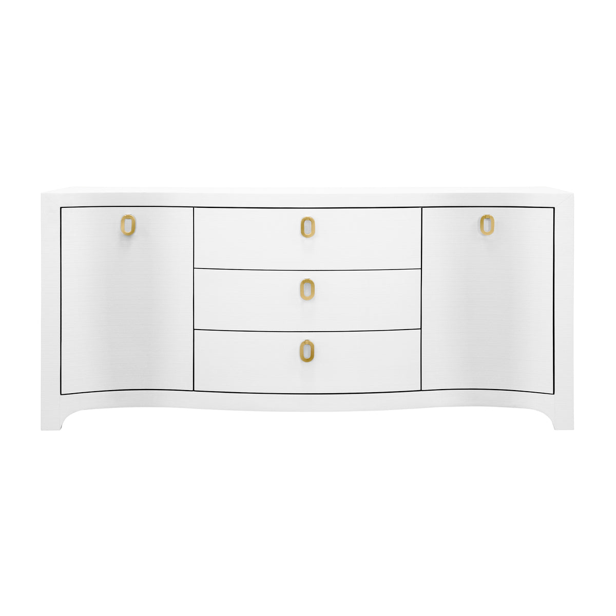Curved Front Two Door Three Drawer Buffet in Textured White Linen with Satin Brass Ring Hardware