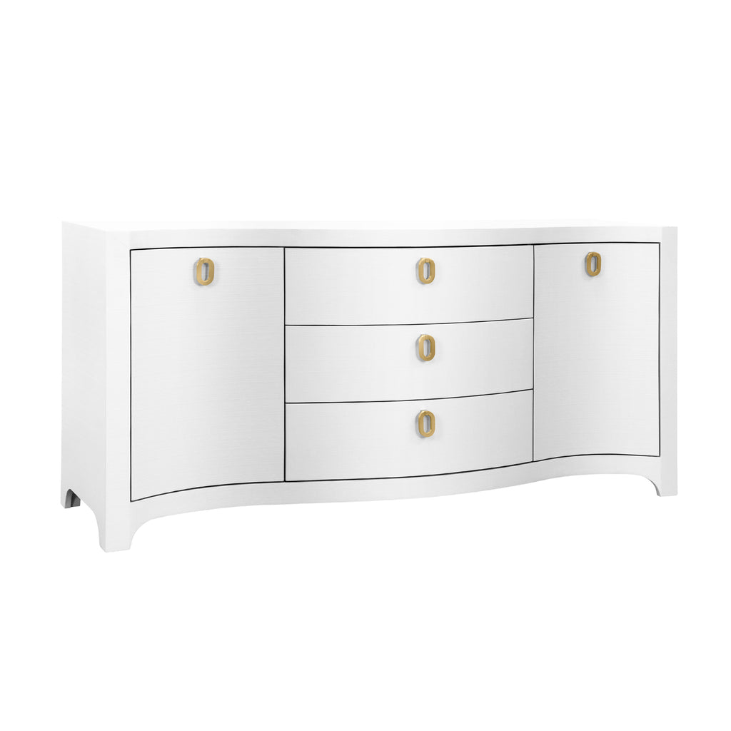 Curved Front Two Door Three Drawer Buffet in Textured White Linen with Satin Brass Ring Hardware
