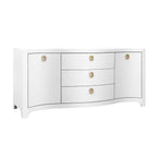 Curved Front Two Door Three Drawer Buffet in Textured White Linen with Satin Brass Ring Hardware