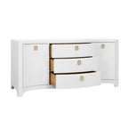 Curved Front Two Door Three Drawer Buffet in Textured White Linen with Satin Brass Ring Hardware
