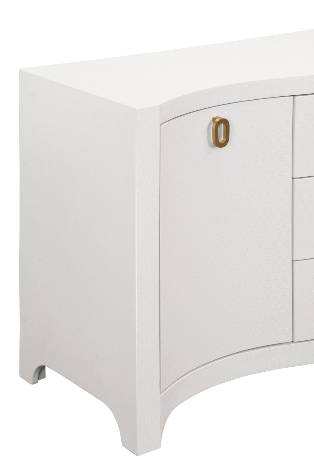 Curved Front Two Door Three Drawer Buffet in Textured White Linen with Satin Brass Ring Hardware
