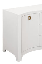 Curved Front Two Door Three Drawer Buffet in Textured White Linen with Satin Brass Ring Hardware