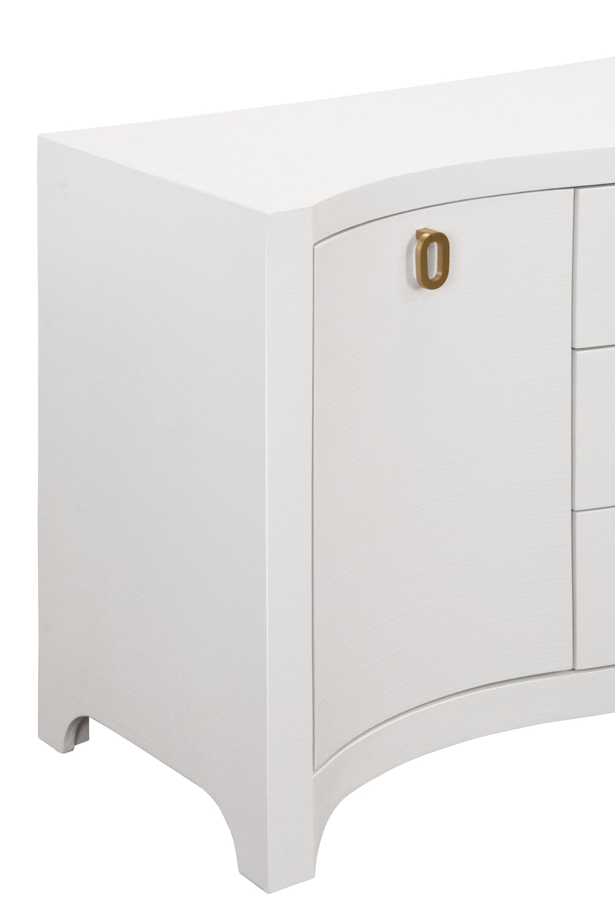 Curved Front Two Door Three Drawer Buffet in Textured White Linen with Satin Brass Ring Hardware