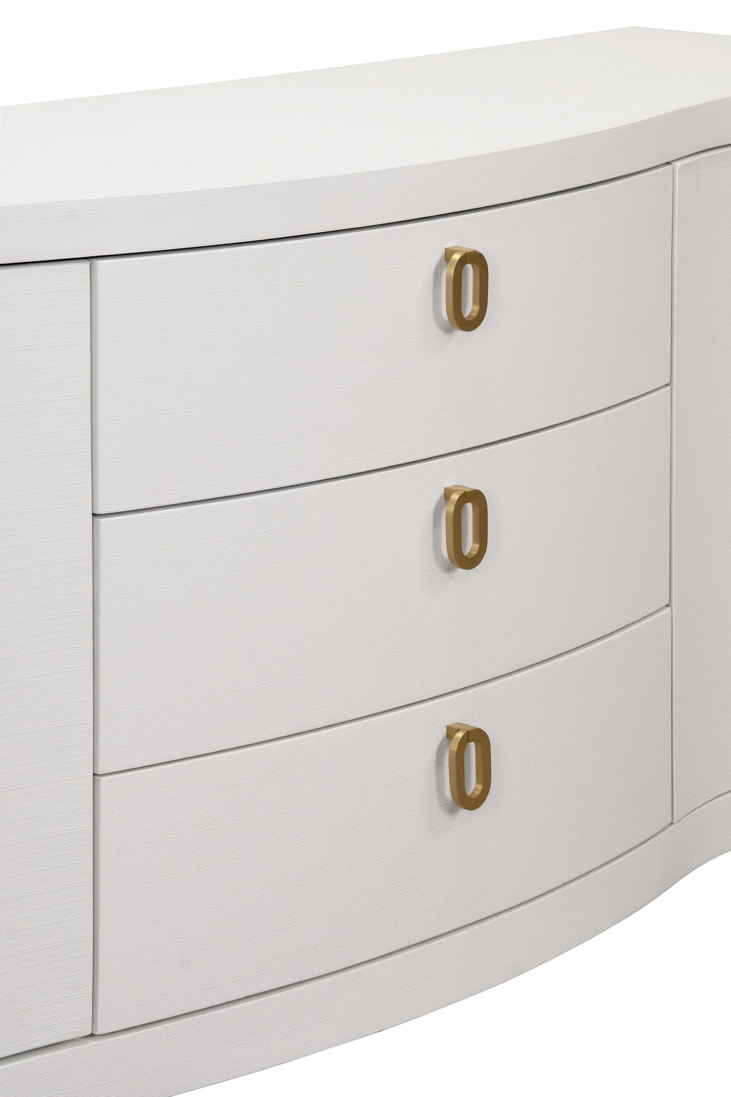 Curved Front Two Door Three Drawer Buffet in Textured White Linen with Satin Brass Ring Hardware