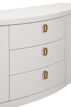 Curved Front Two Door Three Drawer Buffet in Textured White Linen with Satin Brass Ring Hardware