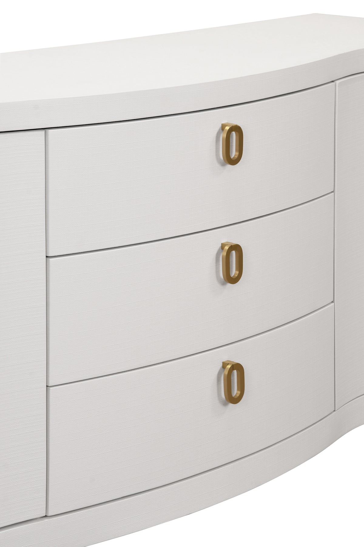Curved Front Two Door Three Drawer Buffet in Textured White Linen with Satin Brass Ring Hardware