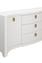Curved Front Two Door Three Drawer Buffet in Textured White Linen with Satin Brass Ring Hardware