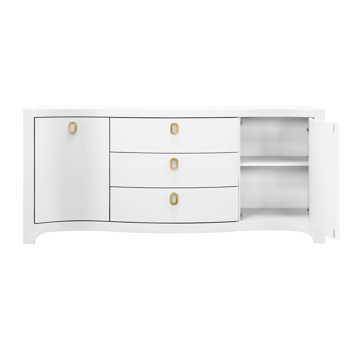 Curved Front Two Door Three Drawer Buffet in Textured White Linen with Satin Brass Ring Hardware