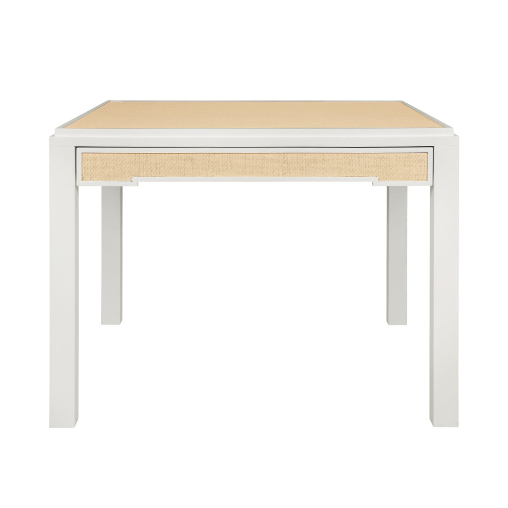 Square Two Drawer Game Table in Matte White Lacquer Frame and Inset Natural Grasscloth