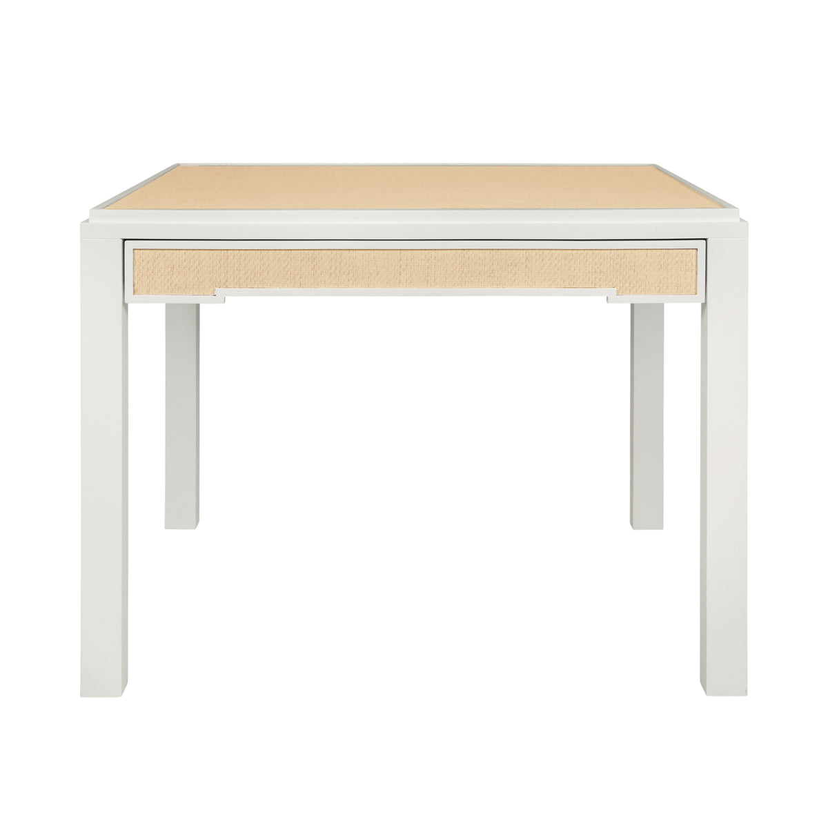 Square Two Drawer Game Table in Matte White Lacquer Frame and Inset Natural Grasscloth