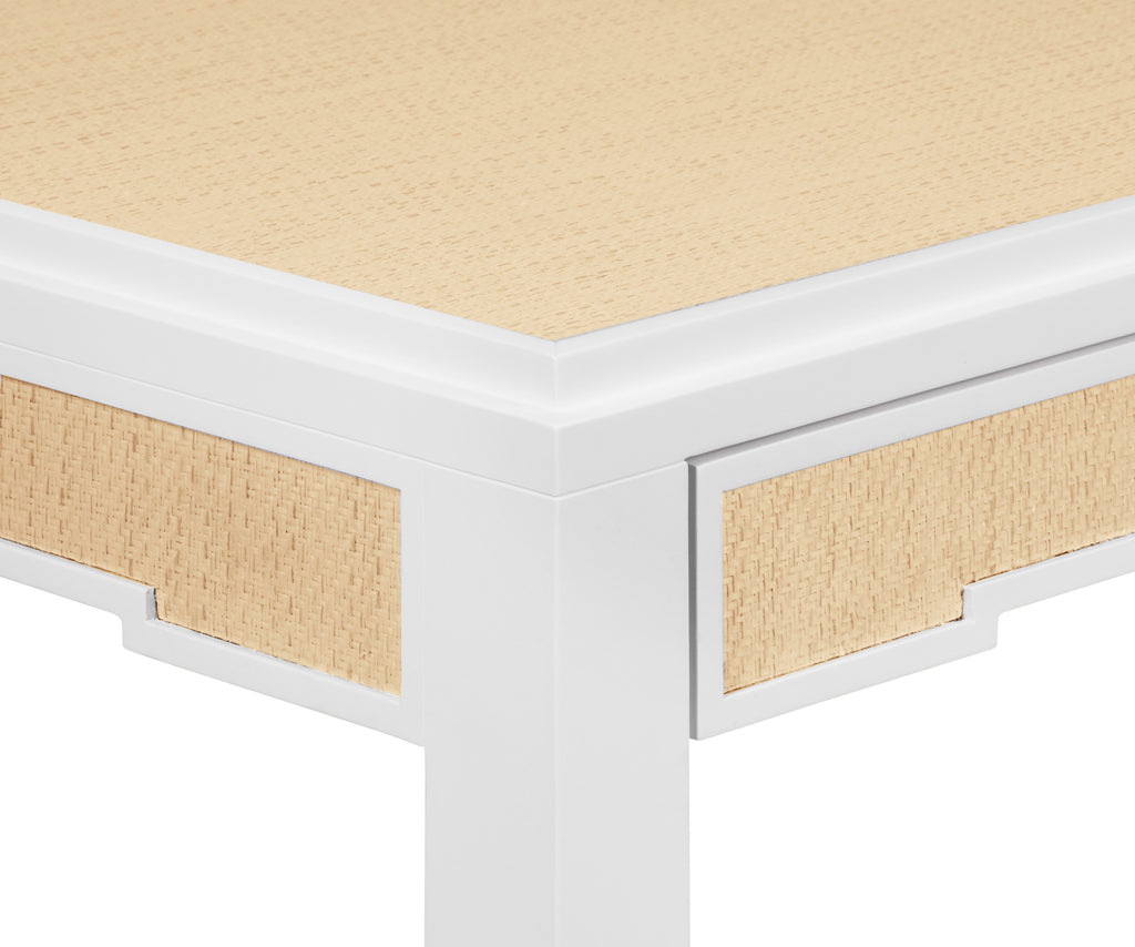 Square Two Drawer Game Table in Matte White Lacquer Frame and Inset Natural Grasscloth