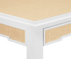 Square Two Drawer Game Table in Matte White Lacquer Frame and Inset Natural Grasscloth