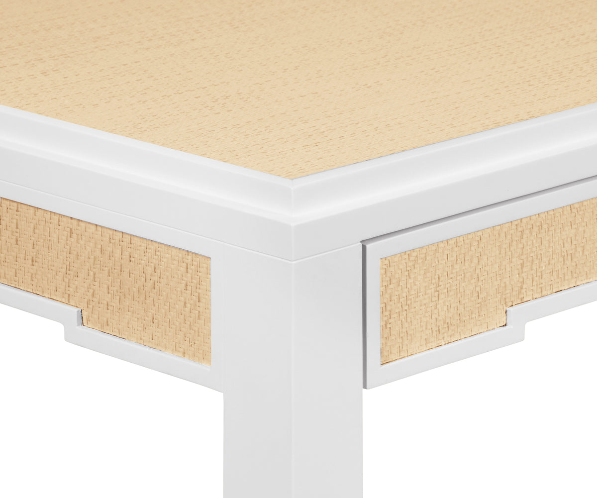 Square Two Drawer Game Table in Matte White Lacquer Frame and Inset Natural Grasscloth