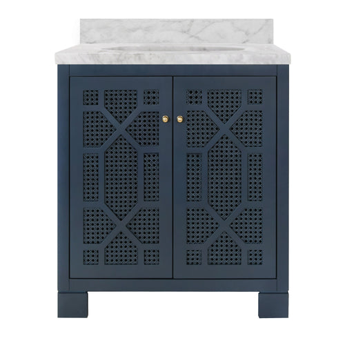 Bath Vanity in Matte Navy Lacquer with Cane Front Doors, White Marble Top, Porcelain Sink, and Polished Brass Knobs