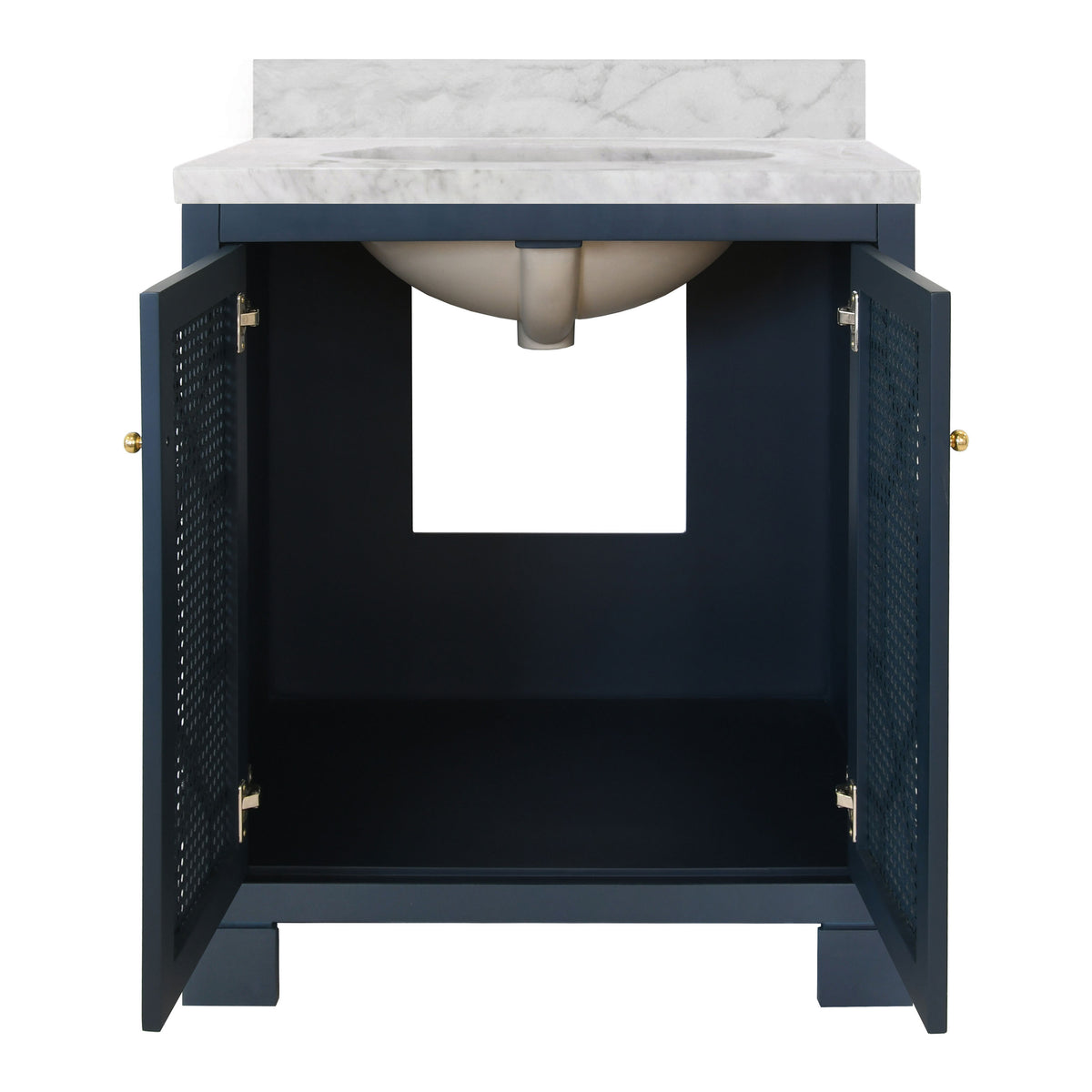 Bath Vanity in Matte Navy Lacquer with Cane Front Doors, White Marble Top, Porcelain Sink, and Polished Brass Knobs