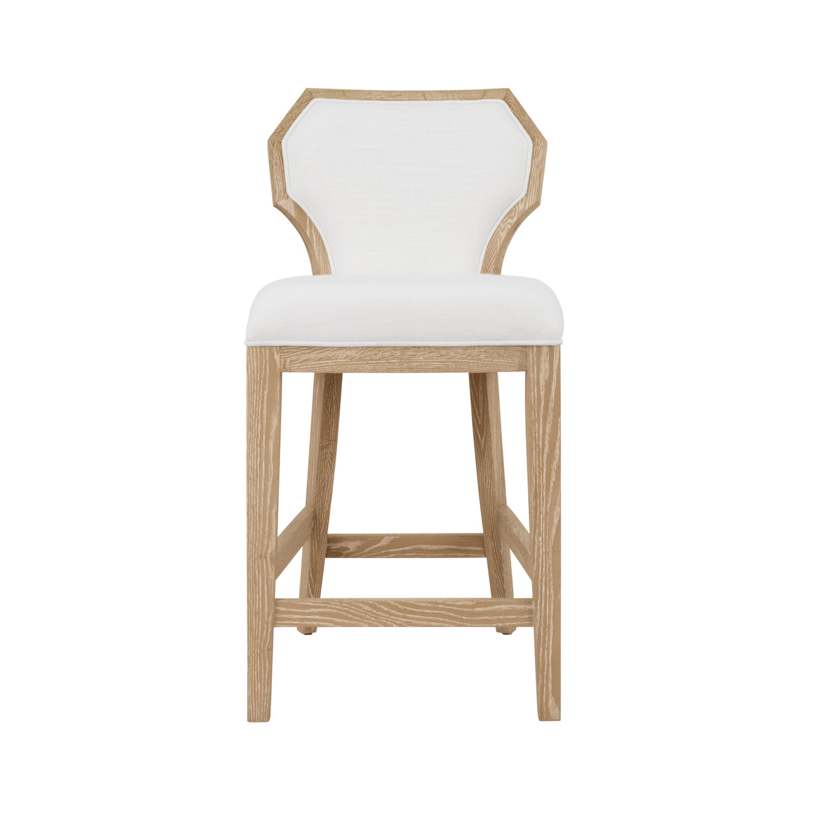 Counter Stool with Curved Angle Back in Cerused Oak with Performance White Linen Upholstery