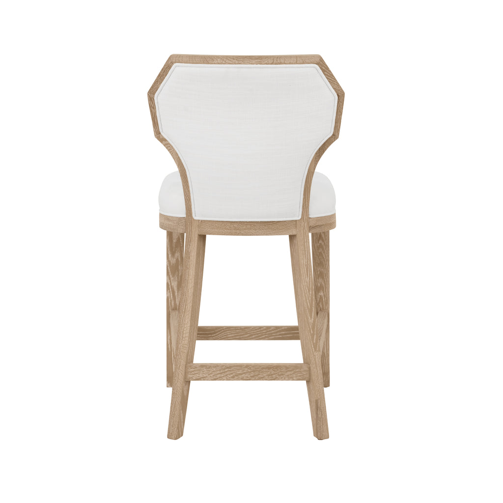 Counter Stool with Curved Angle Back in Cerused Oak with Performance White Linen Upholstery
