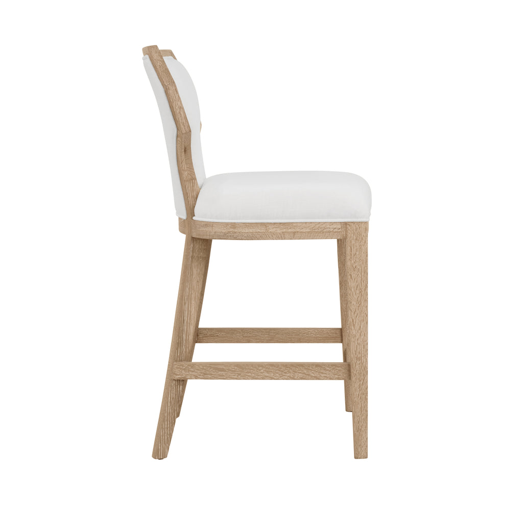 Counter Stool with Curved Angle Back in Cerused Oak with Performance White Linen Upholstery