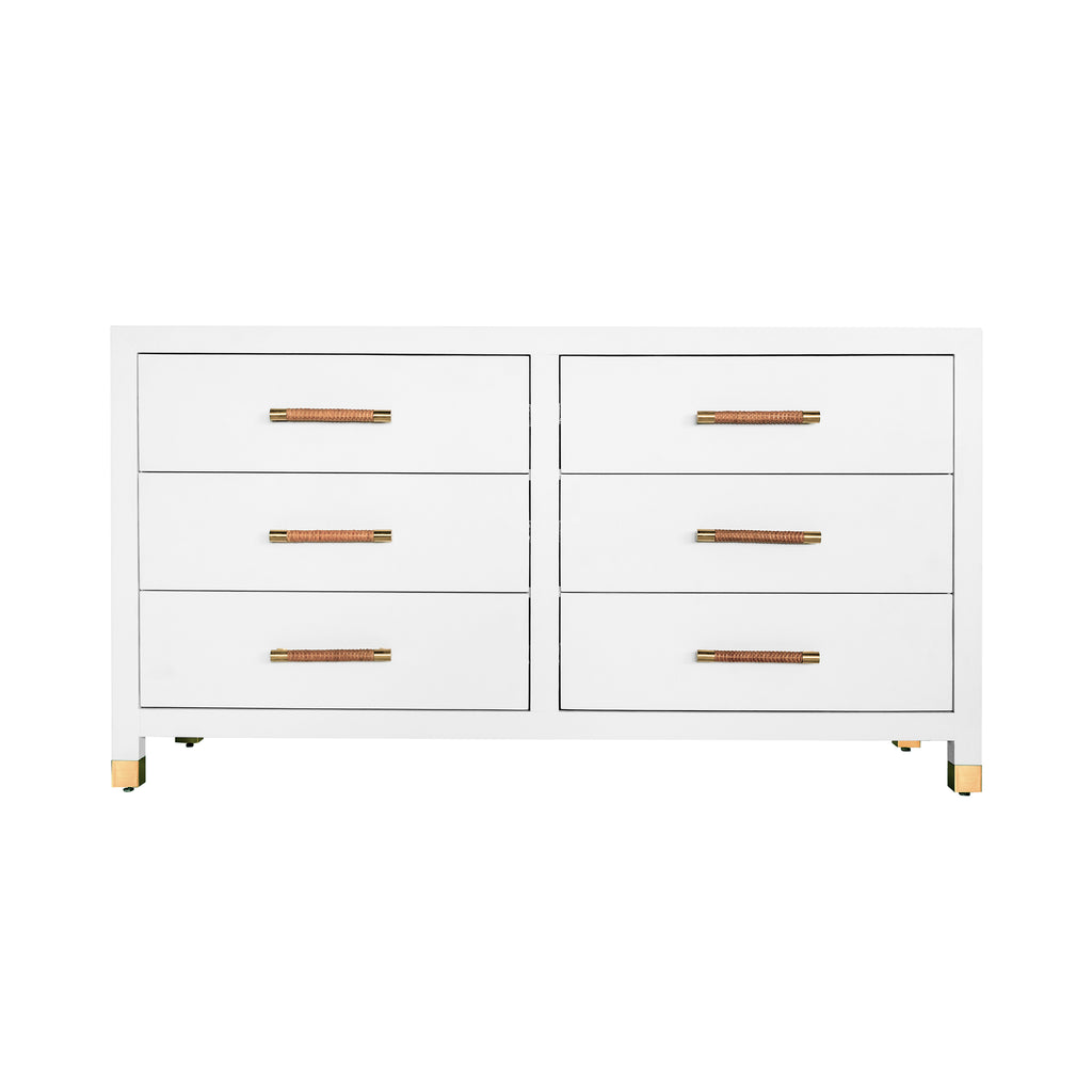 Six Drawer Chest with Rattan Wrapped Handles in Matte White Lacquer