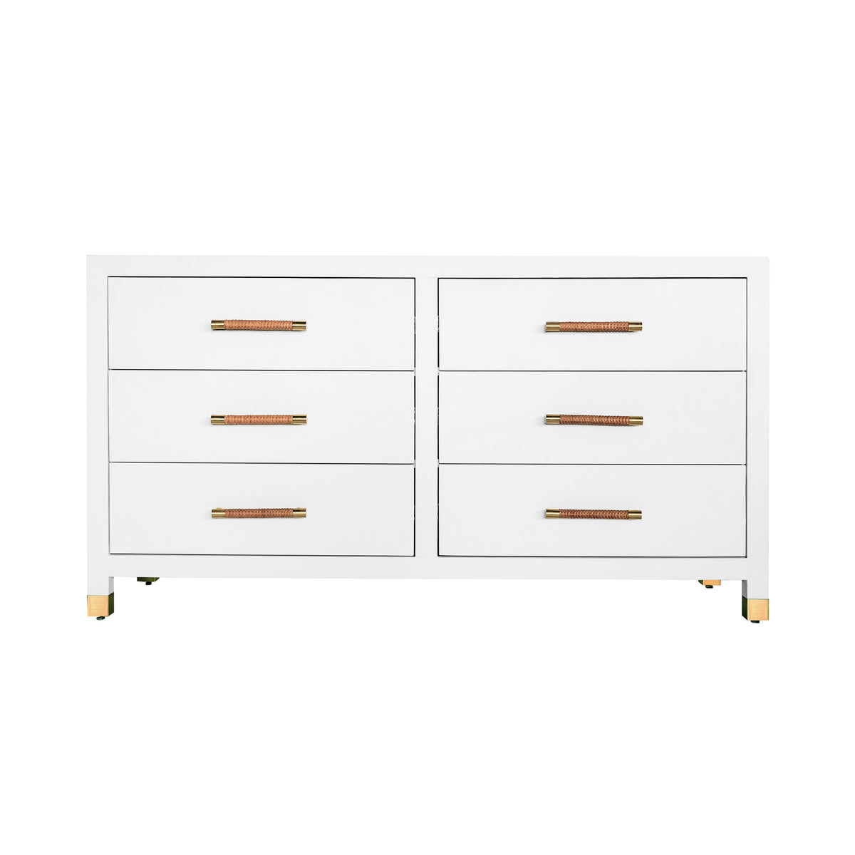 Six Drawer Chest with Rattan Wrapped Handles in Matte White Lacquer