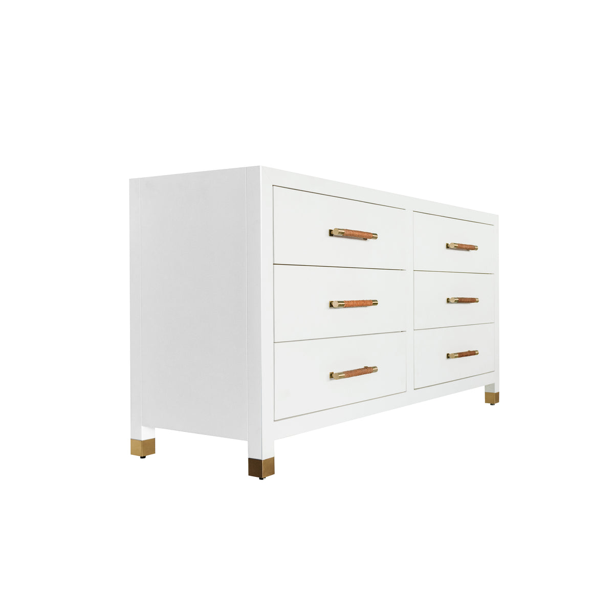 Six Drawer Chest with Rattan Wrapped Handles in Matte White Lacquer