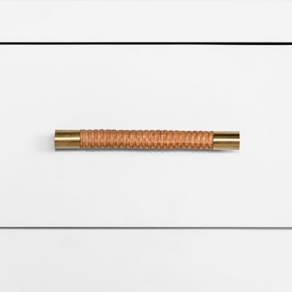 Six Drawer Chest with Rattan Wrapped Handles in Matte White Lacquer
