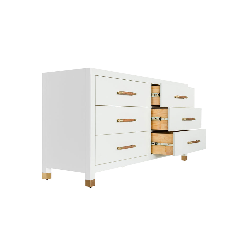 Six Drawer Chest with Rattan Wrapped Handles in Matte White Lacquer