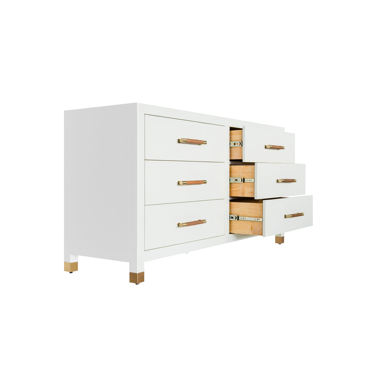 Six Drawer Chest with Rattan Wrapped Handles in Matte White Lacquer