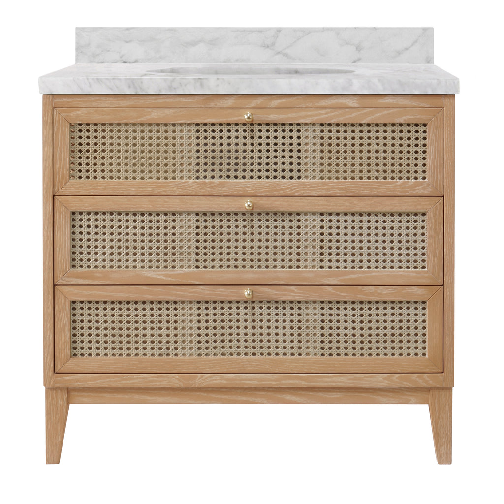 Bath Vanity in Cerused Oak with Cane Front Drawers, White Marble Top, and Porcelain Sink