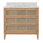 Bath Vanity in Cerused Oak with Cane Front Drawers, White Marble Top, and Porcelain Sink
