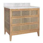 Bath Vanity in Cerused Oak with Cane Front Drawers, White Marble Top, and Porcelain Sink