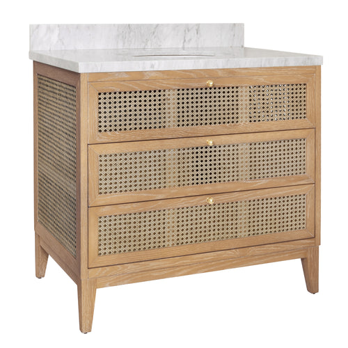Bath Vanity in Cerused Oak with Cane Front Drawers, White Marble Top, and Porcelain Sink