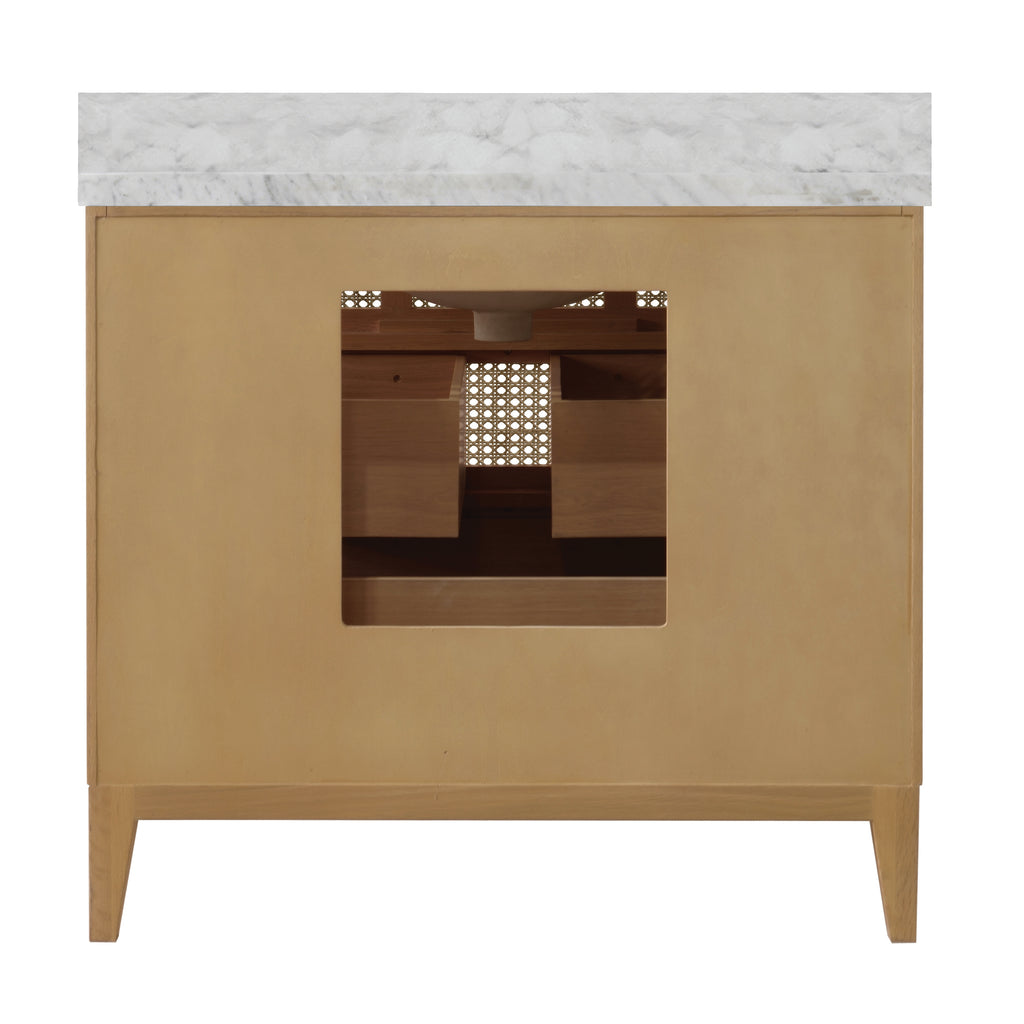 Bath Vanity in Cerused Oak with Cane Front Drawers, White Marble Top, and Porcelain Sink