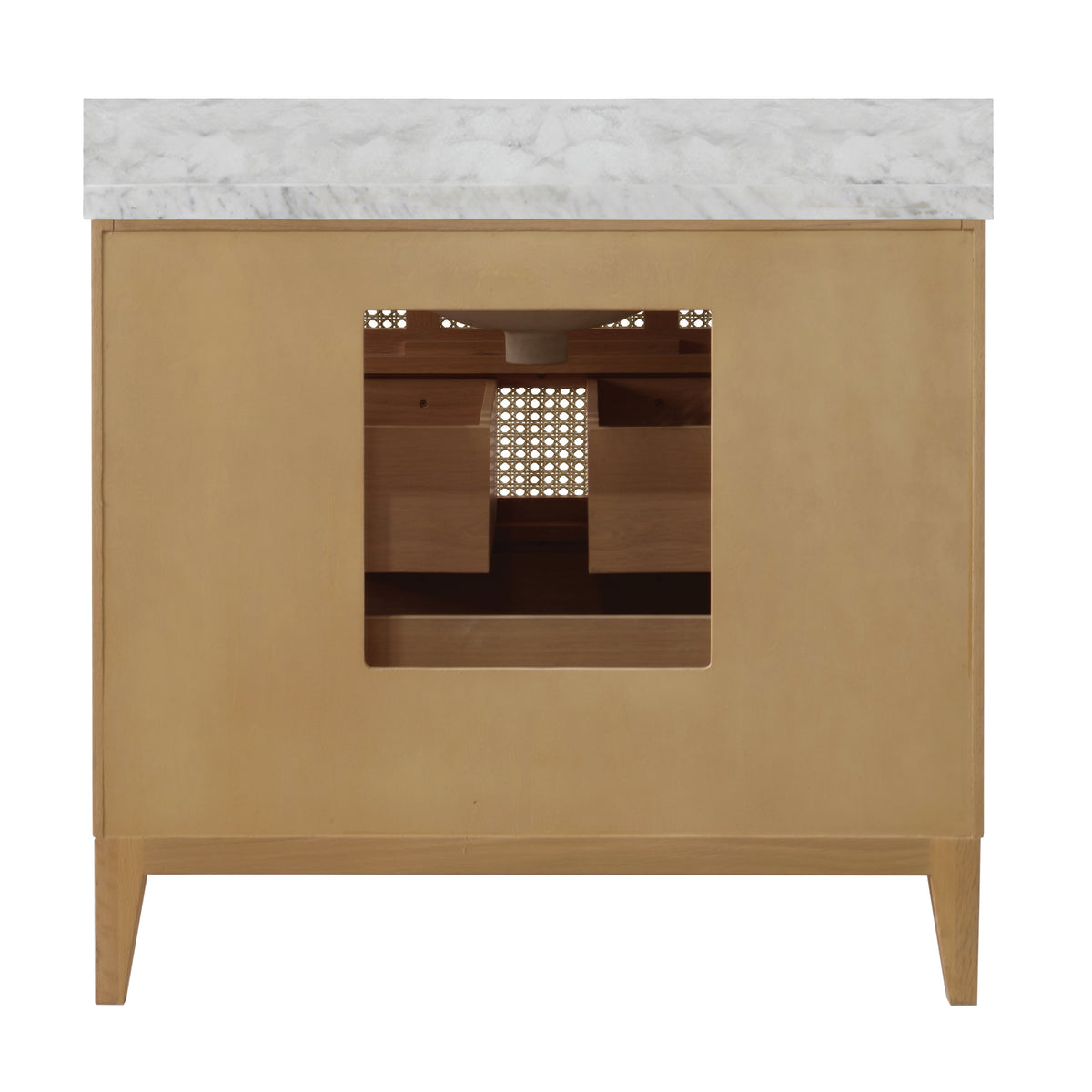 Bath Vanity in Cerused Oak with Cane Front Drawers, White Marble Top, and Porcelain Sink