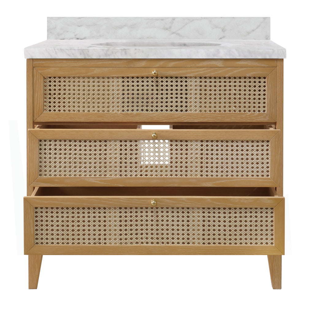 Bath Vanity in Cerused Oak with Cane Front Drawers, White Marble Top, and Porcelain Sink